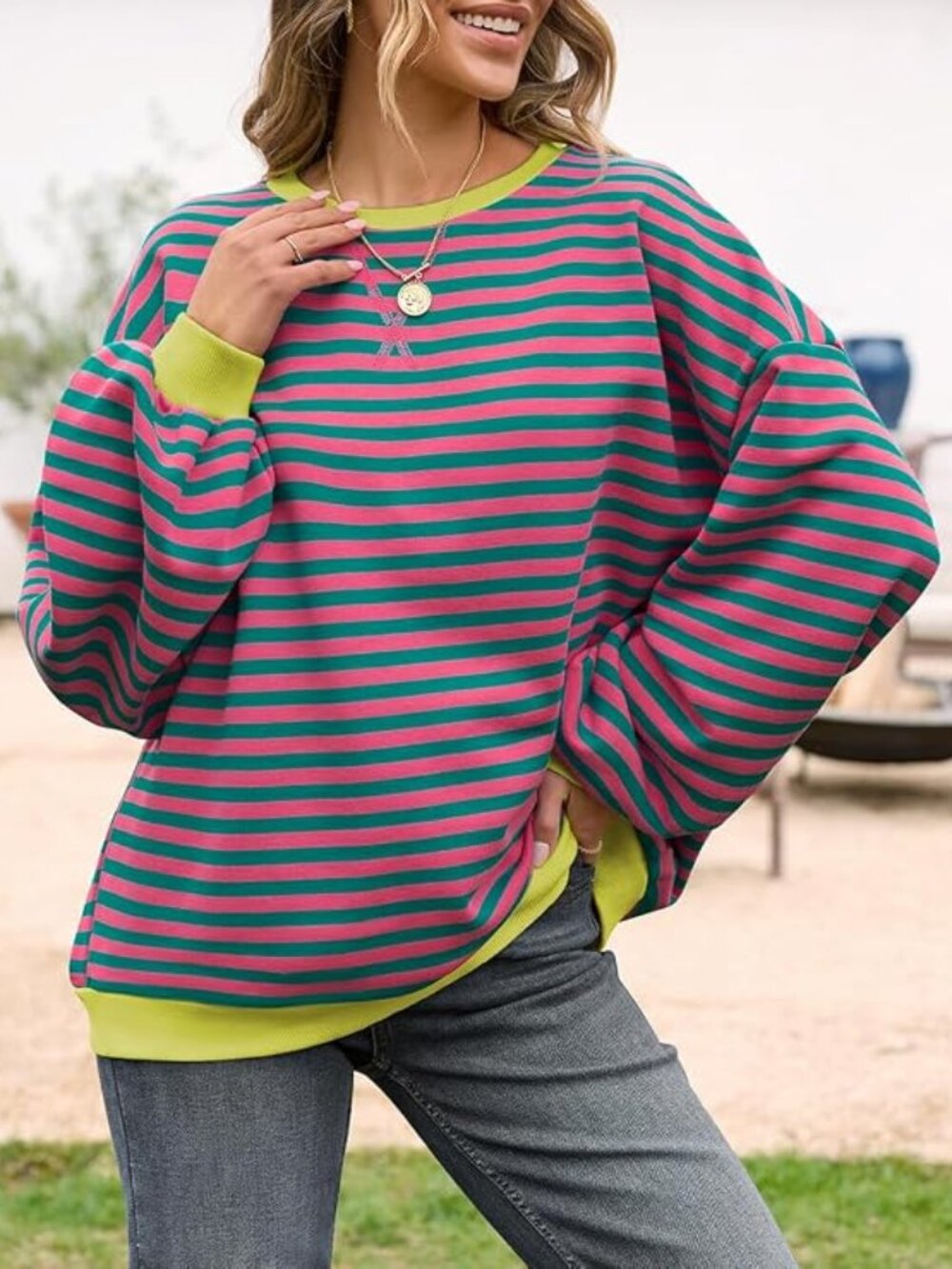 UEU Women Small Pink/Green Striped Oversized Striped Crewneck Sweatshirt 50%off
